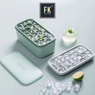 Combo khay làm đá có nắp cao cấp FEEKA + Hộp, Khay đá tủ lạnh kèm thìa xúc 4 trong 1