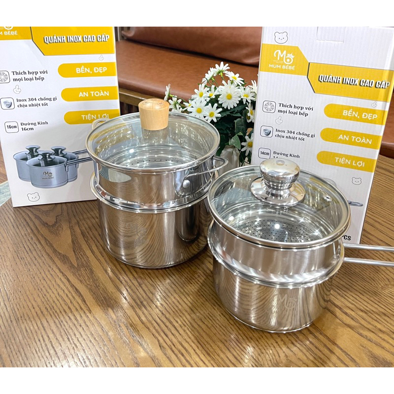 Nồi Quánh bột, nấu cháo, nhà Mum Bébé bằng inox 304 cao cấp ( kèm xửng hấp)