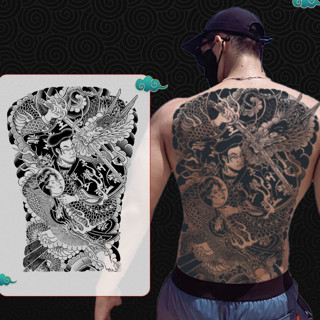 Hình xăm dán tạm thời 15 ngày full kín lưng Cửu Long Di Quan Cá Chép Hóa Rồng ngũ hổ tướng mặt quỷ samurai nhật cổ, quỷ