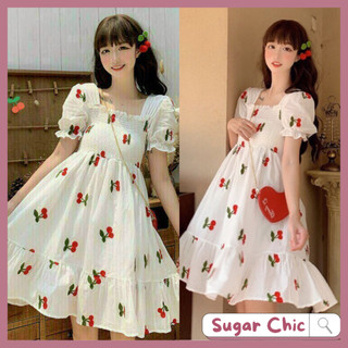 Đầm babydoll cherry cổ vuông nhún ngực tay bồng, đầm cherry váy xoè tay bồng công chúa - Ảnh thật