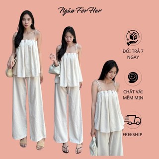 Peal set- set áo hai dây quần ống suông linen,set đồ linen mát, set áo hai dây đính ngọc kèm quần