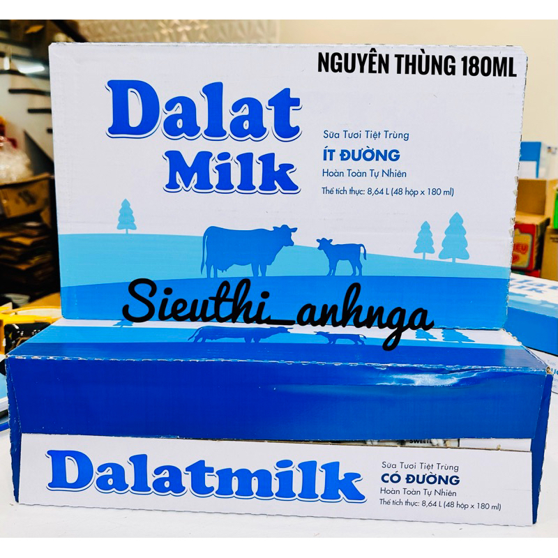 Thùng 48 hộp x 180ml sữa tươi tiệt trùng Dalat Milk ít đường / có đường