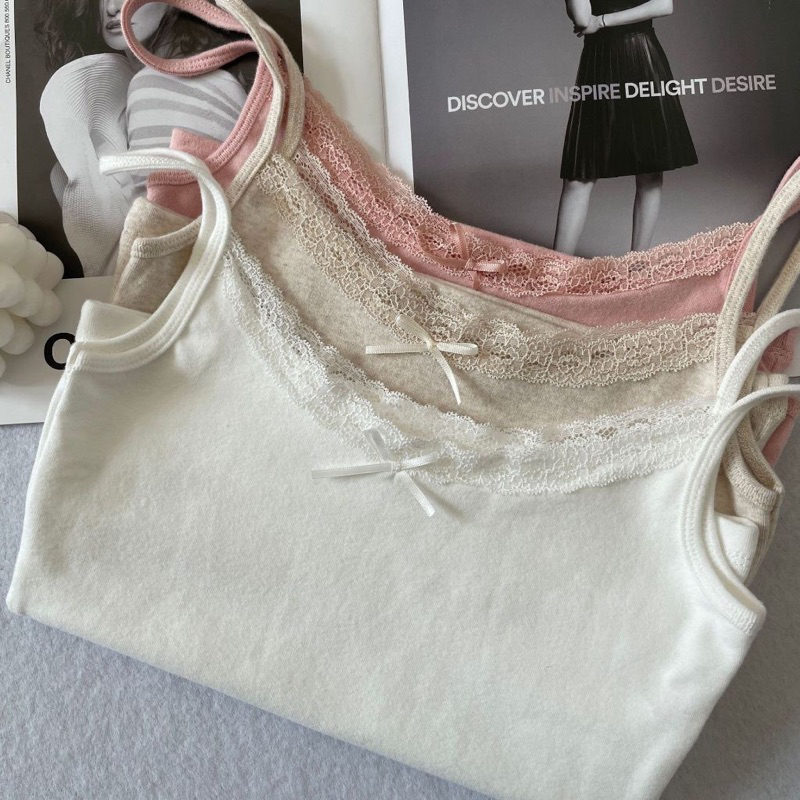 (Aheun.studio) Áo Hai Dây (ko mút) Viền Ren Đính Nơ Vải Thun cotton Mềm Mại