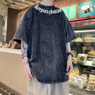 Áo thun Loang Chữ cổ KEE unisex Local brand - Áo phông Cổ tròn wash đen Ullzang tay lỡ nam nữ Cotton. Menswear