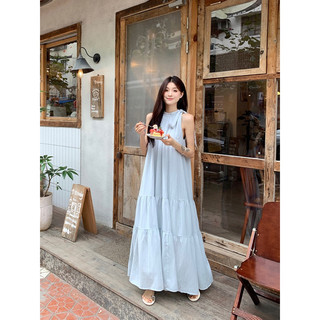 thelei váy đầm cổ yếm không tay maxi dáng dài xoè babydoll xanh nhạt bầu nơ cổ