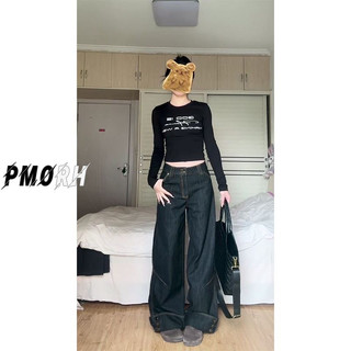 Quần jean nữ ống siêu rộng Vintage cúc cài ở ống cạp cao dáng rộng