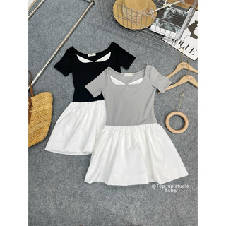 Váy cổ U tay cộc dáng peplum chân váy phồng Cazii, Lipeo.store