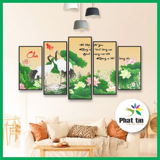 Bộ 5 tấm tranh ghép hoa sen, tranh decor phong hiện đại, tranh tráng gương dán tường không khung, có sẵn keo