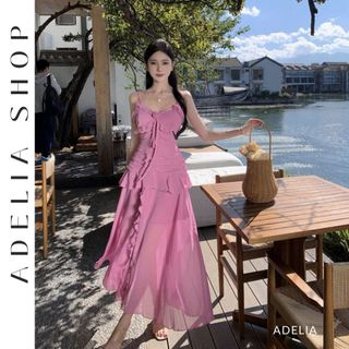 「ADELIA」Đầm 2 Dây Maxi 2 Màu Hồng Đen Nhún Eo Dáng Dài Chất Voan Mềm Mịn Tiểu Thư Adelia.Shop DH516