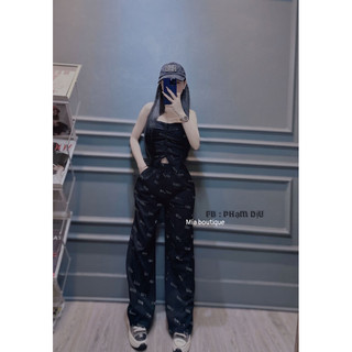 Set áo quây mix quần suông phối chữ đá siu sang