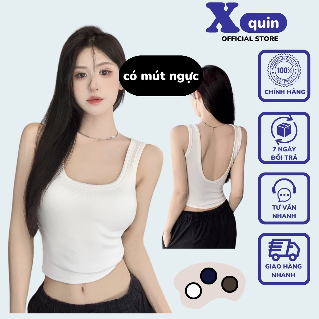 Áo ba lỗ nữ có đệm mút dáng dài hở lưng ôm body Xquin, Áo 2 dây hở lưng form dài chất thun gân dày d