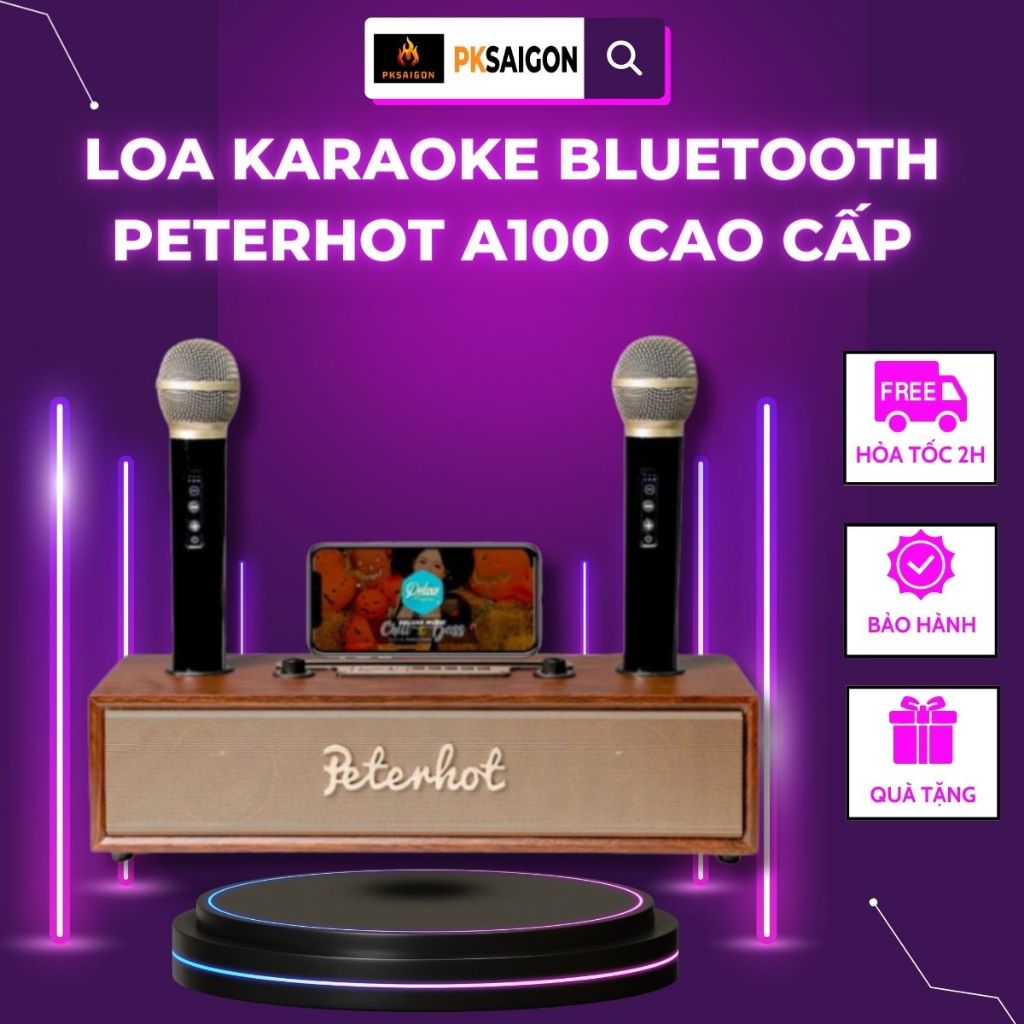 Loa Karaoke Bluetooth PETERHOT A100 cao cấp kèm 2 micro, công suất 20W bass trầm, thiết kế vỏ gỗ sang trọng PKSAIGON .