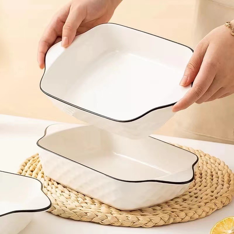 Khay sứ vuông trắng, khay sứ trắng viền đen, khay sứ hình chữ nhật viền đen sang trọng cho gia đình.