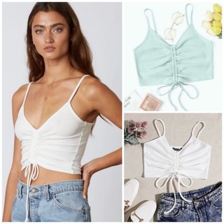 [HÀNG MỸ] Áo croptop FOREVER 21 thun cotton gân tăm dây cổ V ngực dúng rút dây trắng, xanh mint