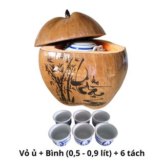 Bộ bình ủ trà trái dừa khắc chữ trà / bình trà 0,4 - 0,9 lít / giữ ấm 3 - 6 giờ / bộ 6 tách uống trà