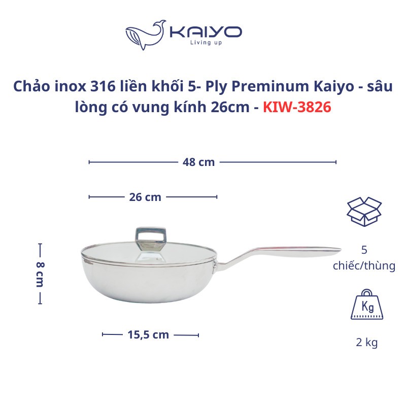 Chảo inox 316 nguyên khối Kaiyo Chảo inox 5 lớp đáy từ kèm vung kính size 20 24 26cm- Kaiyo Nhật Bản