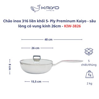 Chảo inox 316 nguyên khối Kaiyo Chảo inox 5 lớp đáy từ kèm vung kính size 20 24 26cm- Kaiyo Nhật Bản