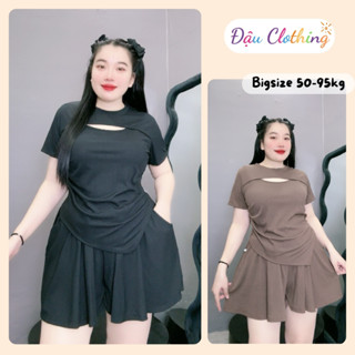Set đồ nữ bigsize áo cổ tròn tay ngắn khoét ngực kèm quần short ống xòe vải thun gân SET817