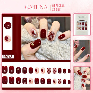 Nails box đỏ hoạ tiết ô vuông CATUNA set 24 móng tay giả kẻ ô vuông màu đỏ xinh xắn MG45