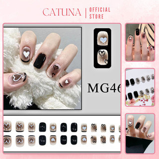 Móng tay giả đen trắng CATUNA set 24 nailbox màu đen trắng họa tiết trái tim huyền bí MG46