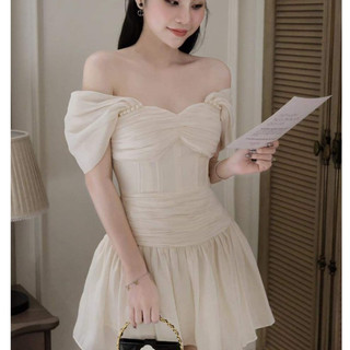 Đầm váy trễ vai tay ngắn chân váy xoè mùa hè, Váy nữ trễ vai tay ngắn chân váy ngắn thiết kế cao cấp có quần bảo hộ MAY