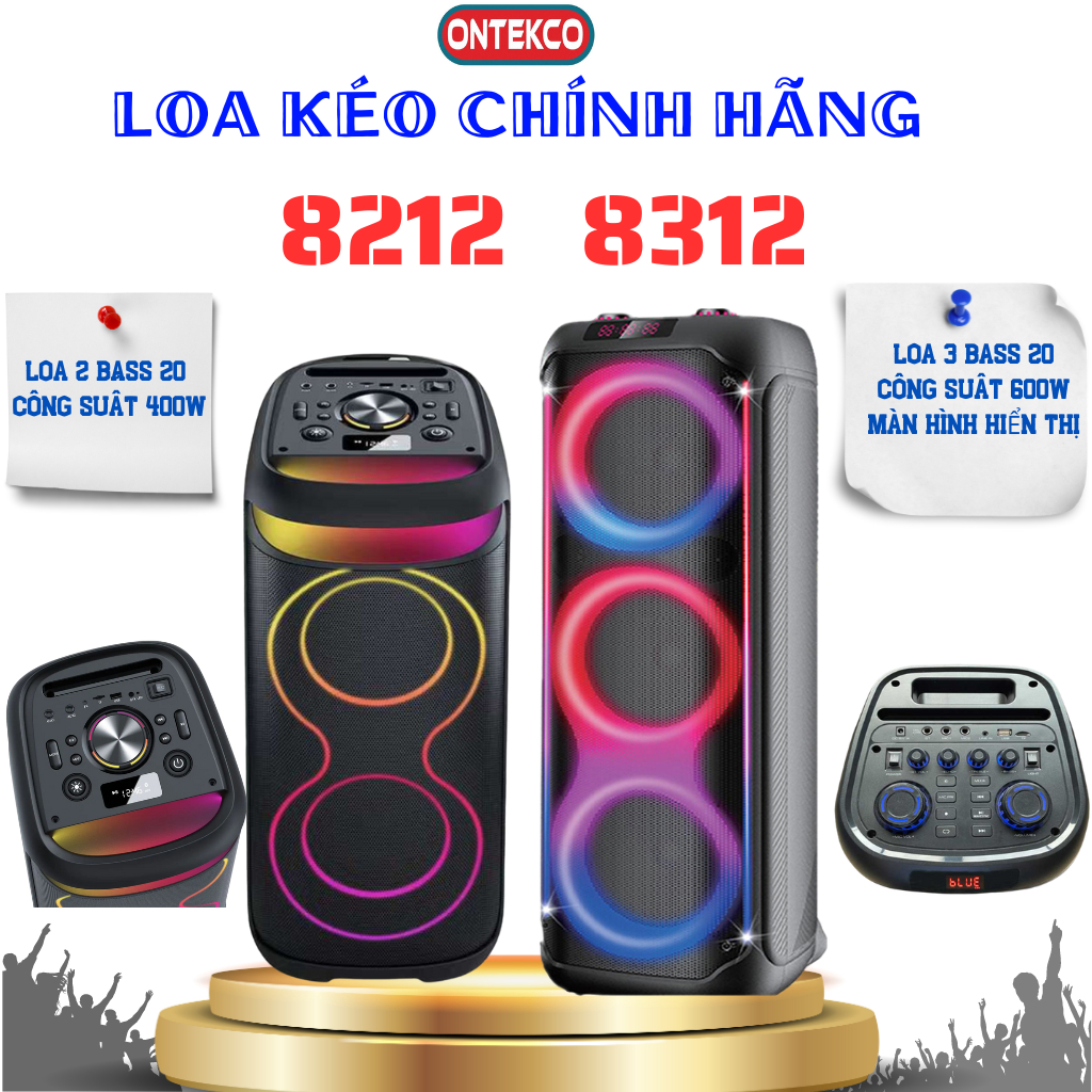 Loa kéo karaoke Partybox ONTEKCO 8212 - 8312 ,Bass 20 tặng kèm 2 micro UhF không dây chính hãng. Bảo hành 12 tháng