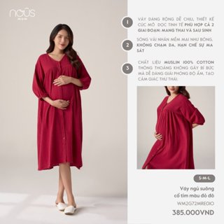 Nous Mom Váy ngủ suông dành cho mẹ bầu trước sinh váy bầu cổ tim màu đỏ đô chất liệu thoáng mát