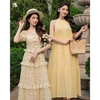 Đầm nữ Twentyfive cổ yếm dáng dài maxi 3 tầng vải xốp ngăn 2 lớp DQ20
