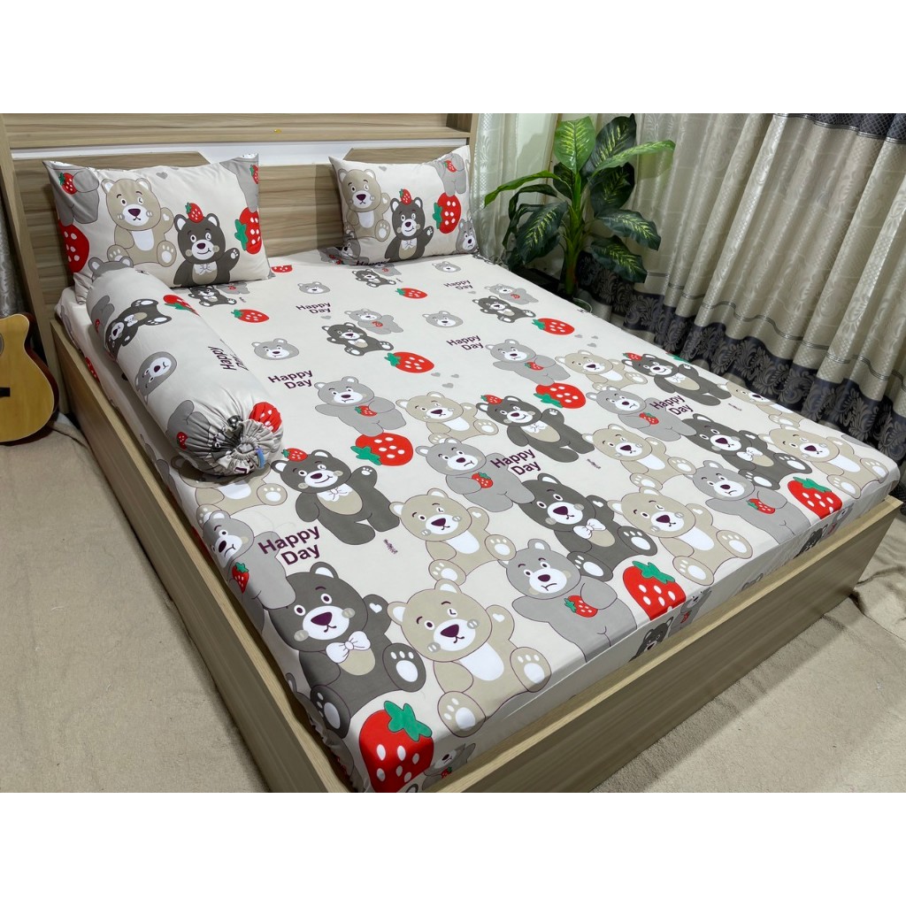 Bộ ga thun hàn quốc 4 món,GẤU HAPPY 3 màu, hoàng hà bedding
