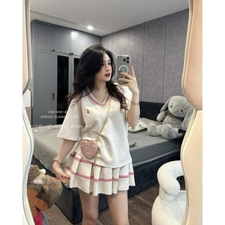 Set Bộ Đồ Nữ Áo Cổ V Phối Màu Bo Dệt Ngắn Tay Mix Chân Váy Xếp Ly Ngắn Viền Màu Có Quần Trong Freesize- B42