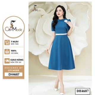 Đầm công sở CITI MODE FASHION thiết kế dáng xoè xanh cổ cách điệu DH4687.