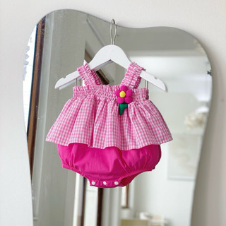 Váy body sơ sinh bé gái mùa hè 1-12 tháng màu hồng đính hoa họa tiết kẻ caro cho bé gái từ 5-13kg - NANCY STORE