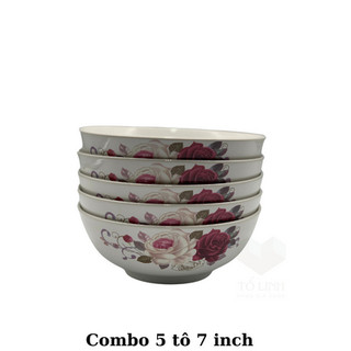 Combo 5 tô phở gốm sứ hoa cao cấp, 5 tô phở gốm sứ trắng