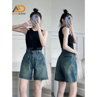 Quần lửng jean eo thun co giãn, quần bò lưng cao ống rộng suông khóa kéo, dáng rộng hot trend QĐS03