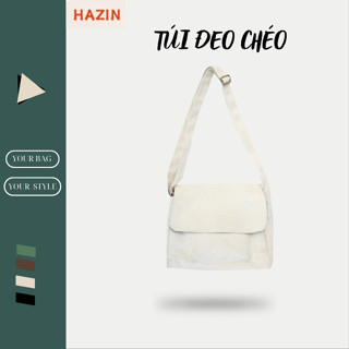 Túi đeo chéo HAZIN vải canvas màu trắng đen phong cách Ulzzang nam nữ túi đeo vai cặp đi học basic