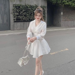 Đầm cổ bẻ tay phồng bo eo xếp ly 2 màu trắng đen xinh