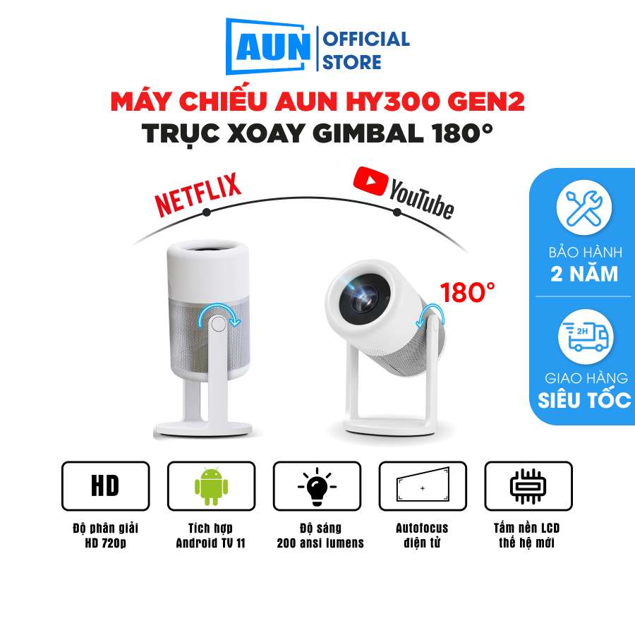 AUN HY300 gen 2 - bản mới nhất - Máy chiếu mini xoay 180 độ - tích hợp Android 11 và chỉnh nghiêng trên gimbal