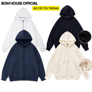 Áo Khoác Nỉ Chân Cua Hoodie Zip Có Túi Trong BOM HOUSE Form Rộng Nam Nữ Unisex