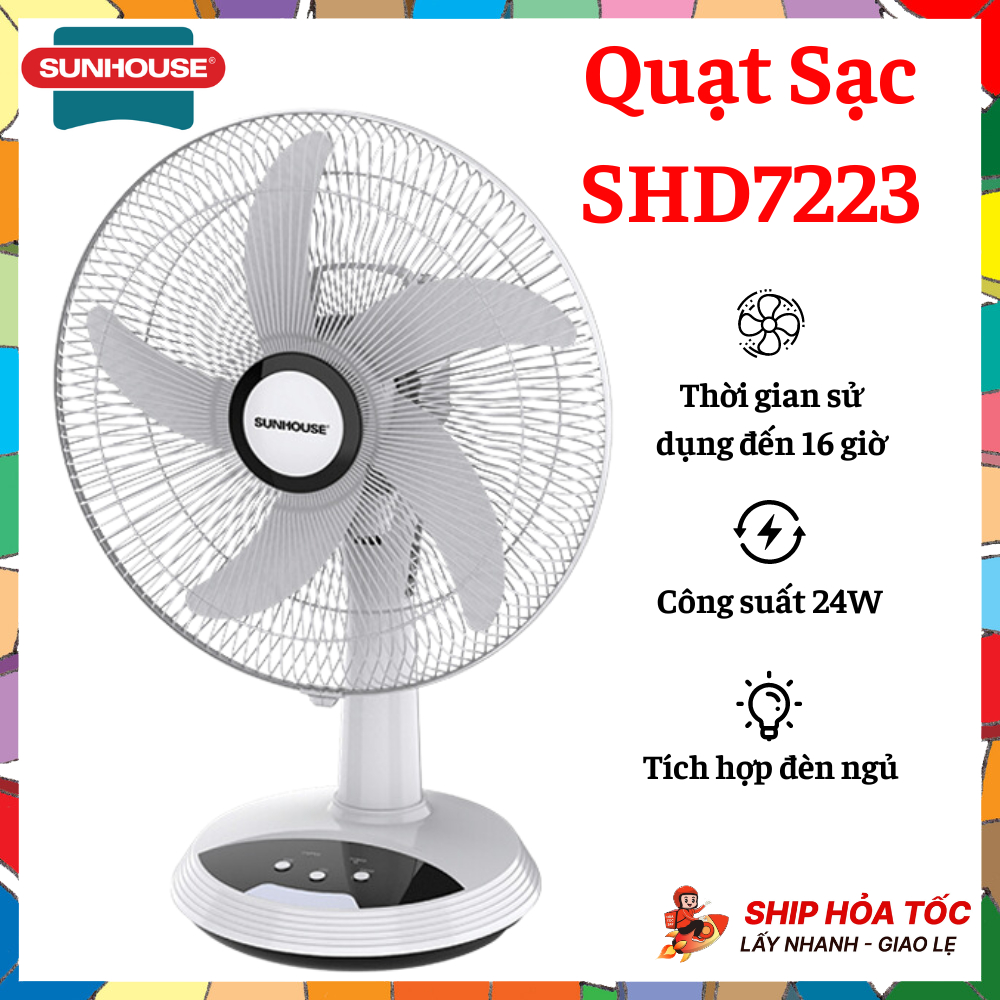 Quạt Sạc SUNHOUSE SHD7223 Chính Hãng, Thời Gian Sử Dụng Lên Đến 16 Giờ Liên Tục, Công Suất 24W, Tích Hợp Đèn Ngủ