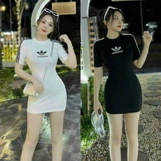 (New) Đầm Body Chữ Chạy Viền Tay Năng Động Freesize đen trắng