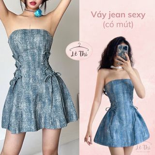 Váy cúp ngực jean đan dây chiết eo dáng xòe hở vai sexy, váy jean ống có mút trendy sang chảnh|Lê Thi Clothing