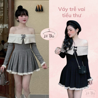 Váy trễ vai đính nơ phối viền bèo trắng dáng xòe siêu xinh, đầm tiểu thư bẹt vai chất tăm hot trend|Lê Thi Clothing