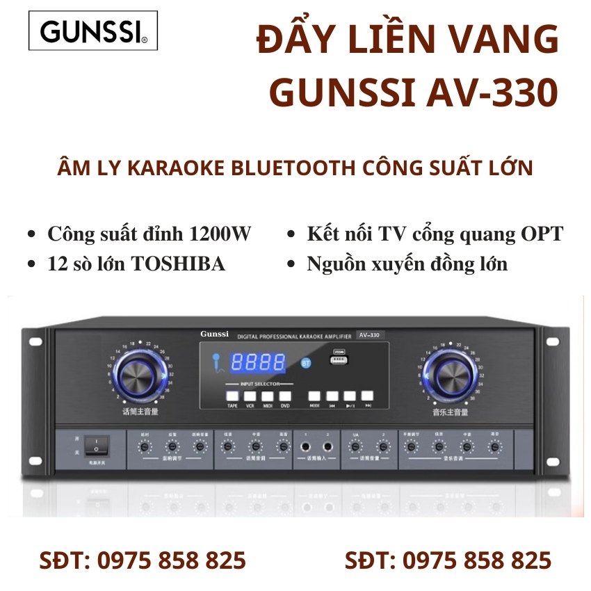 Đẩy liền vang bluetooth Gunssi AV 330, Đẩy công suất liền vang, Âm ly karaoke bluetooth gia đình công suất lớn
