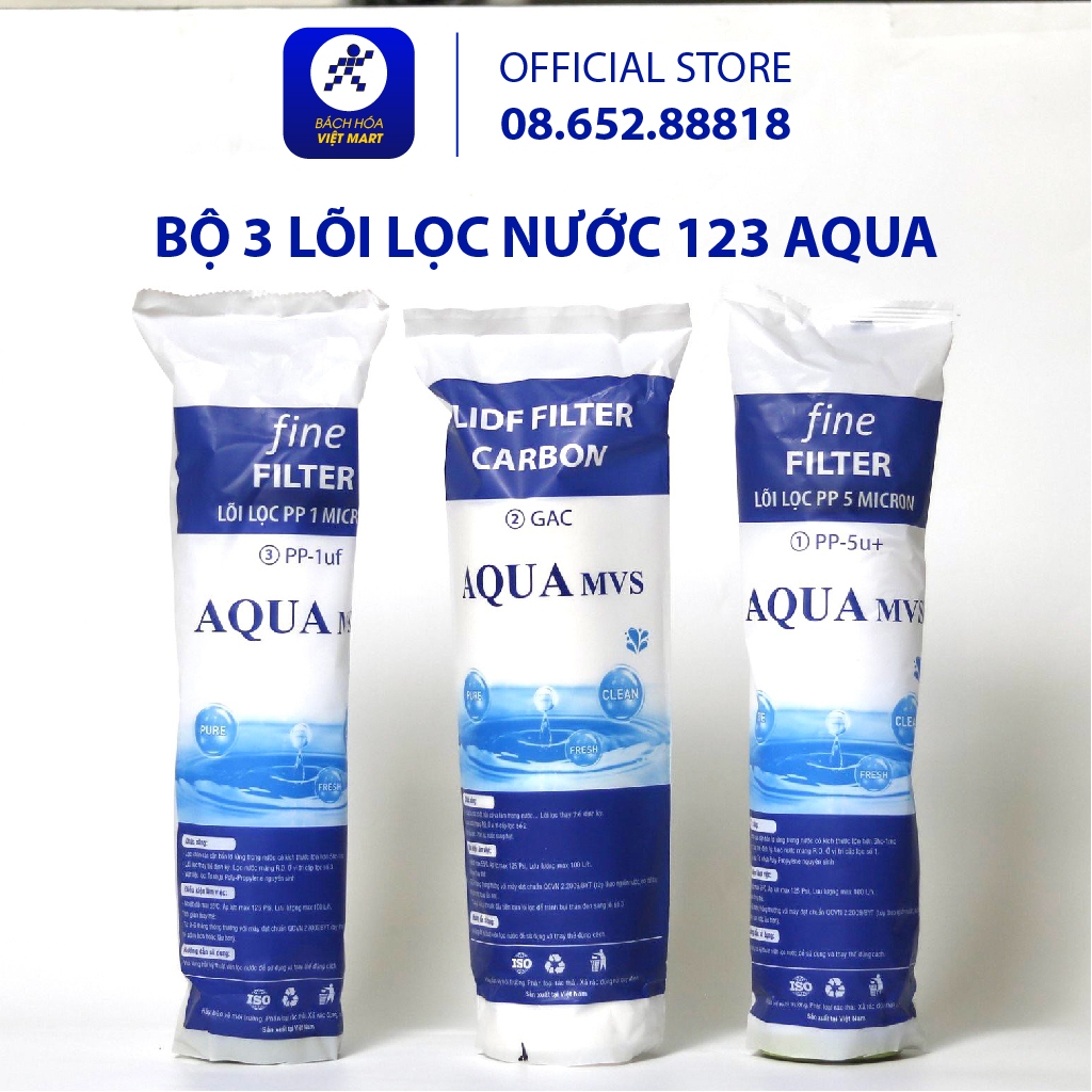 Bộ 3 lõi lọc nước 1,2,3 AQUA Chính hãng, sử dụng tất cả máy lọc nước Kangaroo, Karofi, Sunhouse, Aqua…