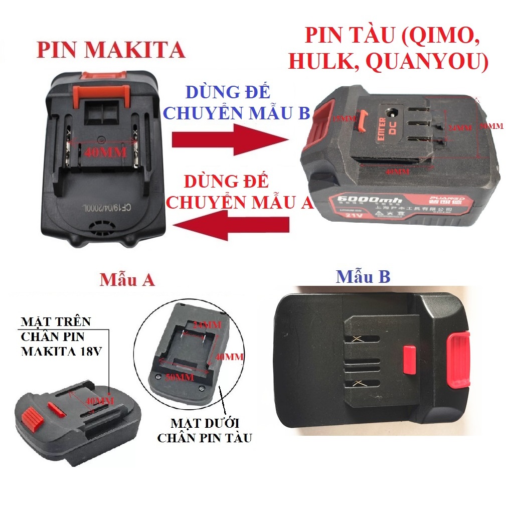 SV Đế chuyển pin Qimo, Hulk, Quanyou (pin tàu) pin Makita 18V - 21V (KHÔNG GỒM PIN)