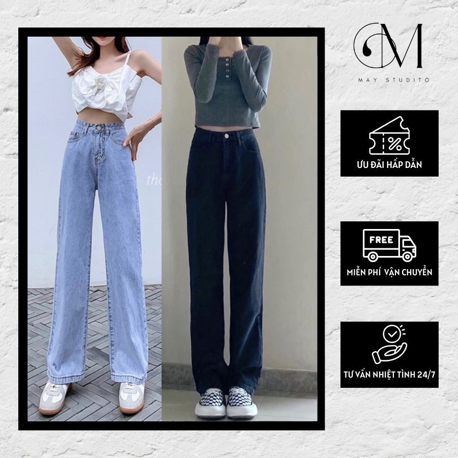 Quần Jeans Ống Suông Rộng Dài, Quần Bò Nữ Dáng Rộng Thêu Chữ YSL Phong Cách Hàn Quốc