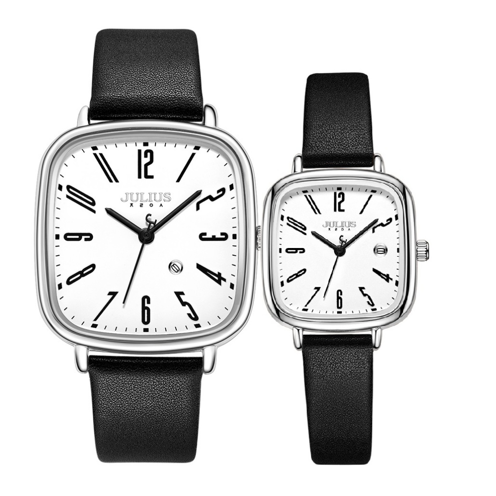 Đồng Hồ cặp đôi Julius JA-1418 Dây Da ( Đen Mặt Trắng)
