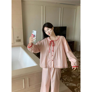 Bộ ngủ dài tay chấm bi nơ đỏ