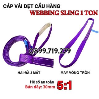 Dây bẹ cẩu hàng 5:1 - cáp vải cẩu hàng bản dẹp 1 tấn, hệ số an toàn 5:1, dài 1-5 mét, dây bẹ 2 đầu mắt - may vòng tròn