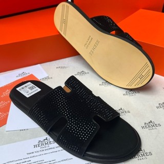 Dép lê nam HM quai ngang quai chữ H da phủ nhung đính màu đá đen cực sang chảnh